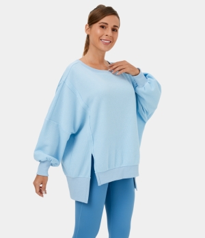 Halara Waffle Batwing Sleeve Split High Low Oversize Casual Sweatshirt Women's Tops Delicate Blue | LSFUBAG-87