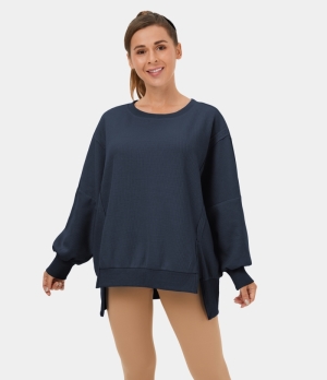 Halara Waffle Batwing Sleeve Split High Low Oversize Casual Sweatshirt Women's Tops Twilight Blue | PRLHJNB-08