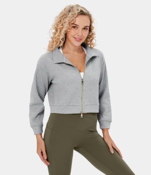 Halara Waffle Collared Dropped Shoulder 2-Way Zipper Casual Jacket Women's Tops Grey | DQPCTSN-63