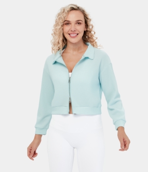 Halara Waffle Collared Dropped Shoulder 2-Way Zipper Casual Jacket Women's Tops Whispering Blue | VSRQGNK-93