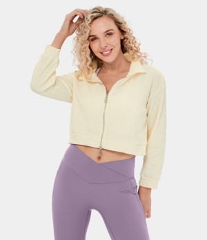 Halara Waffle Collared Dropped Shoulder 2-Way Zipper Casual Jacket Women's Tops White Asparagus | WIZDSBN-37