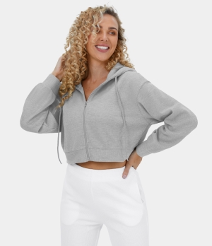 Halara Waffle Hooded Drawstring Zipper Cropped Casual Sports Sweatshirt Women's Tops Antarctica | BZKVFIY-45