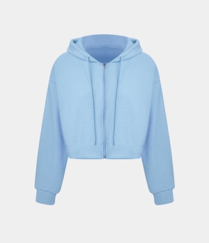 Halara Waffle Hooded Drawstring Zipper Cropped Casual Sports Sweatshirt Women's Tops Clear Sky | DEIXGJS-06