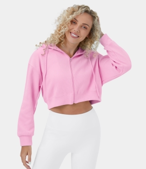 Halara Waffle Hooded Drawstring Zipper Cropped Casual Sports Sweatshirt Women's Tops Cherry Blossom | KPYOQLE-74