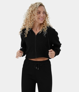 Halara Waffle Hooded Drawstring Zipper Cropped Casual Sports Sweatshirt Women's Tops Black | YATLBXV-24