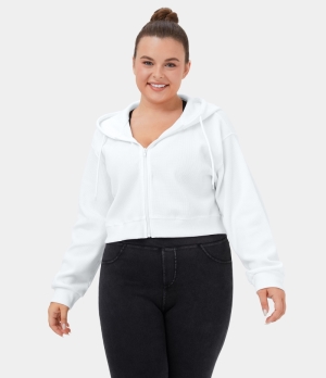 Halara Waffle Hooded Drawstring Zipper Plus Size Cropped Casual Sports Sweatshirt Women's Tops White | DUZLSKH-71