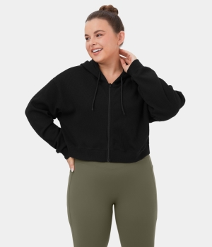 Halara Waffle Hooded Drawstring Zipper Plus Size Cropped Casual Sports Sweatshirt Women's Tops Black | ZNRYTIE-47