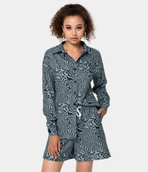 Halara Zebra Stripe Collared Long Sleeve & Drawstring Shorts Set Women's Tops Lead Grey | WBFAEMO-13