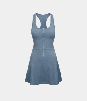 Halara Zip Front Racerback 2-in-1 Stretchy Denim Print Tennis Women's Dress Denim Dark Blue | 506947-OJF