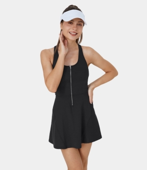 Halara Zip Front Racerback 2-in-1 Stretchy Denim Print Tennis Women's Dress Denim Black | 867914-MJX