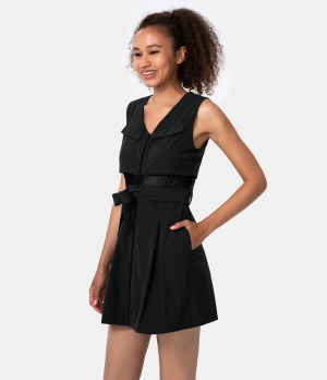 Halara Zipper Contrast Mesh Belted Side Pocket Sports Women's Dress Black | 128947-CQS