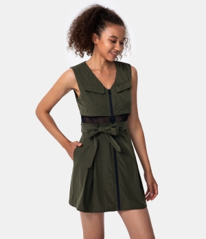 Halara Zipper Contrast Mesh Belted Side Pocket Sports Women's Dress Grey Green | 281376-POL
