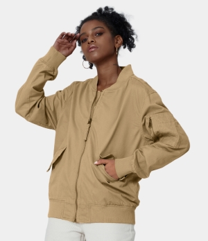 Halara Zipper Pocket Plain Moto Jacket Women's Tops Khaki | BIFZPON-51