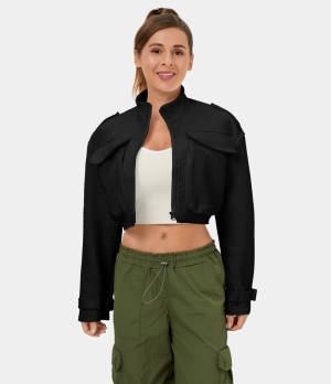 Halara Zipper Side Pocket Removable Hem Cropped Casual Cargo Jacket Women's Tops Black | LQYSHBU-25