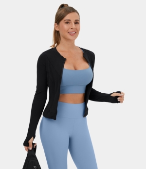 Halara Zipper Thumb Hole Yoga Jacket Women's Tops Black | YWHFBIX-76